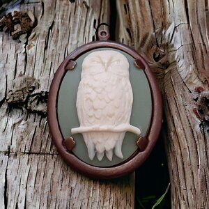 Vintage Owl Cameo Pendant Gold Tone Green Cream Plastic Cameo 2"